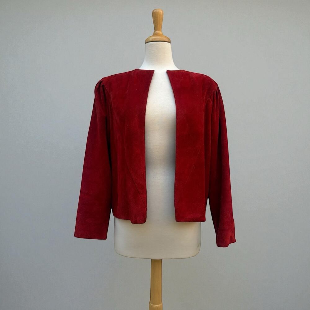 VTG 80s Suede Leather Jacket M Red Open Front Pleated Shoulder Bold Chic  Casual